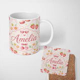 Personalized Custom Name Cute Watercolor Cherry Strawberry Daisy Flowers Pink Bow Light Grey 11oz Ceramic Coffee Tea Mug White Large Handle