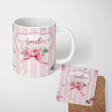 Personalized Custom Name Cute Watercolor Roses Bouquet with Red Ribbon Blush Pink Stripe 11oz Ceramic Coffee Tea Mug White Large Handle