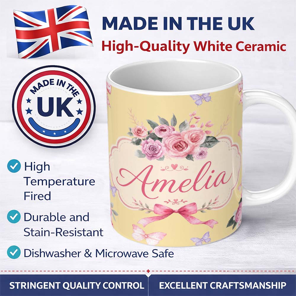 Personalized Custom Name Elegant Watercolor Rose Bouquet Ribbon Butterfly Soft Yellow Lovely 11oz Ceramic Coffee Tea Mug White Large Handle