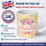 Personalized Custom Name Elegant Watercolor Rose Bouquet Ribbon Butterfly Soft Yellow Lovely 11oz Ceramic Coffee Tea Mug White Large Handle