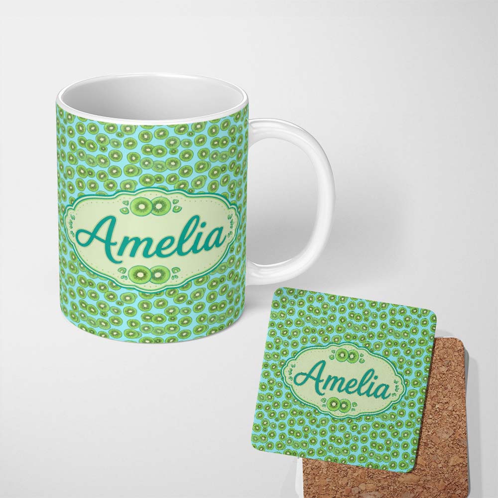 Personalized Custom Name Small Kiwi Slice Repeating Seamless Pattern on Blue Background 11oz Ceramic Coffee Tea Mug White Large Handle