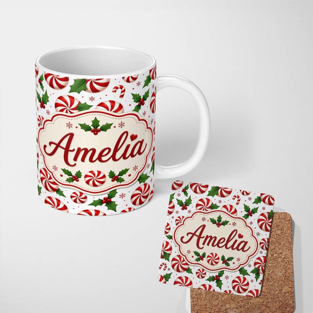 Personalized Custom Name Red White Peppermint Candy Swirl Holly Seamless Pattern Lovely 11oz Ceramic Coffee Tea Mug White Large Handle