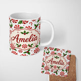 Personalized Custom Name Red White Peppermint Candy Swirl Holly Seamless Pattern Lovely 11oz Ceramic Coffee Tea Mug White Large Handle