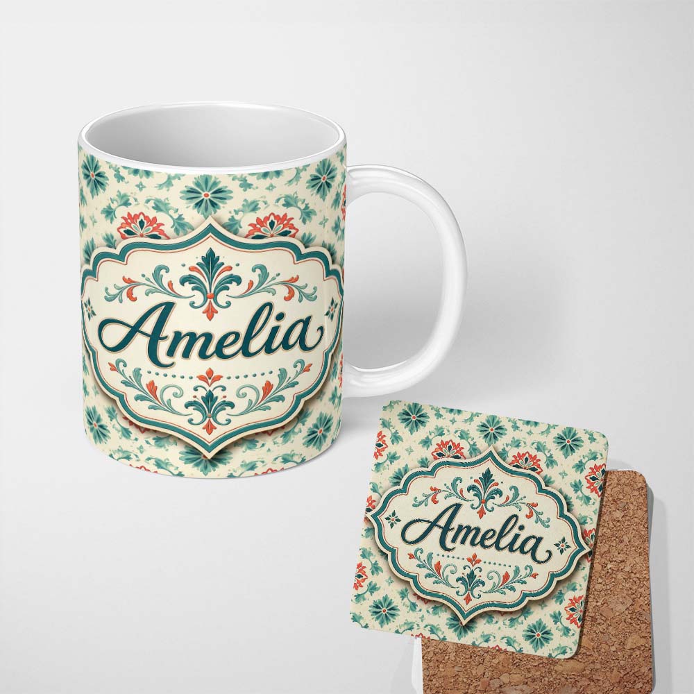 Personalized Custom Name Vintage Inspired Floral Medallion Teal and Red Seamless Pattern 11oz Ceramic Coffee Tea Mug White Large Handle