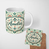 Personalized Custom Name Vintage Inspired Floral Medallion Teal and Red Seamless Pattern 11oz Ceramic Coffee Tea Mug White Large Handle