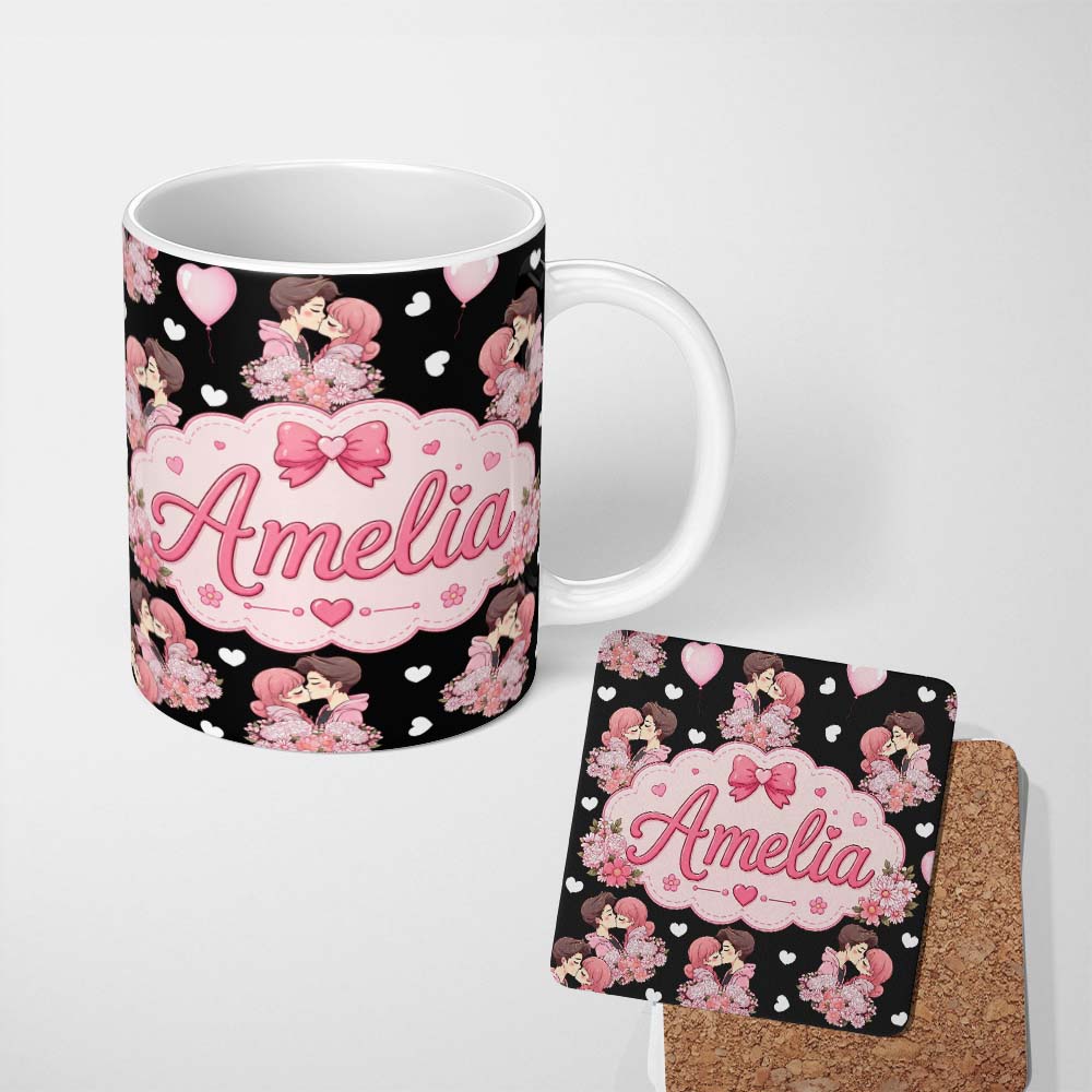 Personalized Custom Name Romantic Couple Kissing Floral Bouquet Hearts Seamless Pattern White 11oz Ceramic Coffee Tea Mug White Large Handle