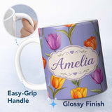 Personalized Custom Name Colorful Tulip Flowers Purple Background Spring Floral Seamless 11oz Ceramic Coffee Tea Mug White Large Handle