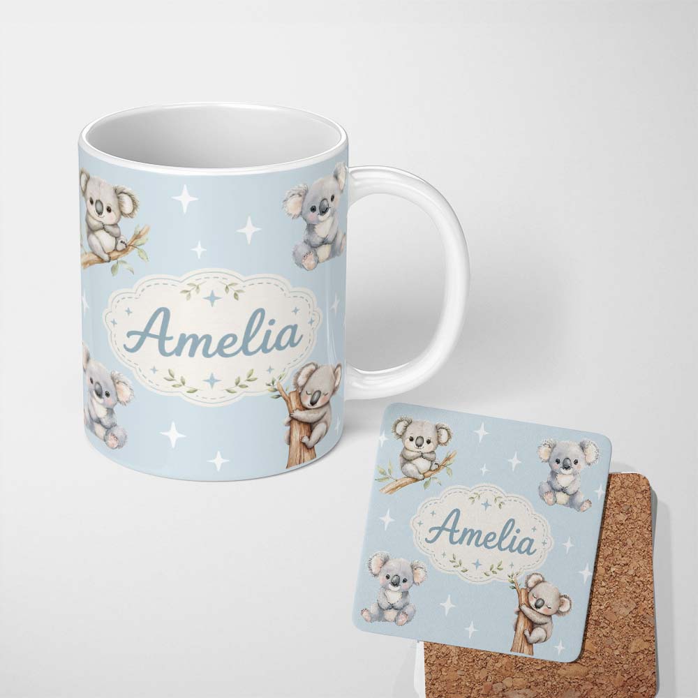 Personalized Custom Name Cute Baby Koala Bears with Stars on Soft Blue Background Seamless 11oz Ceramic Coffee Tea Mug White Large Handle