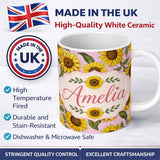 Personalized Custom Name Bright Yellow Sunflower Soft Pink Background Seamless Pattern Name 11oz Ceramic Coffee Tea Mug White Large Handle