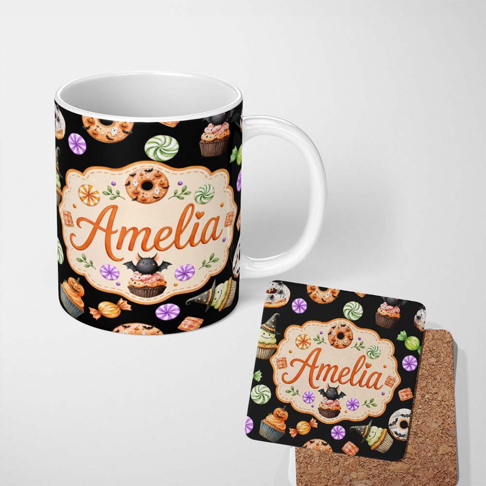 Personalized Custom Name Cute Halloween Spooky Donuts Cupcakes Treats Black Background 11oz Ceramic Coffee Tea Mug White Large Handle