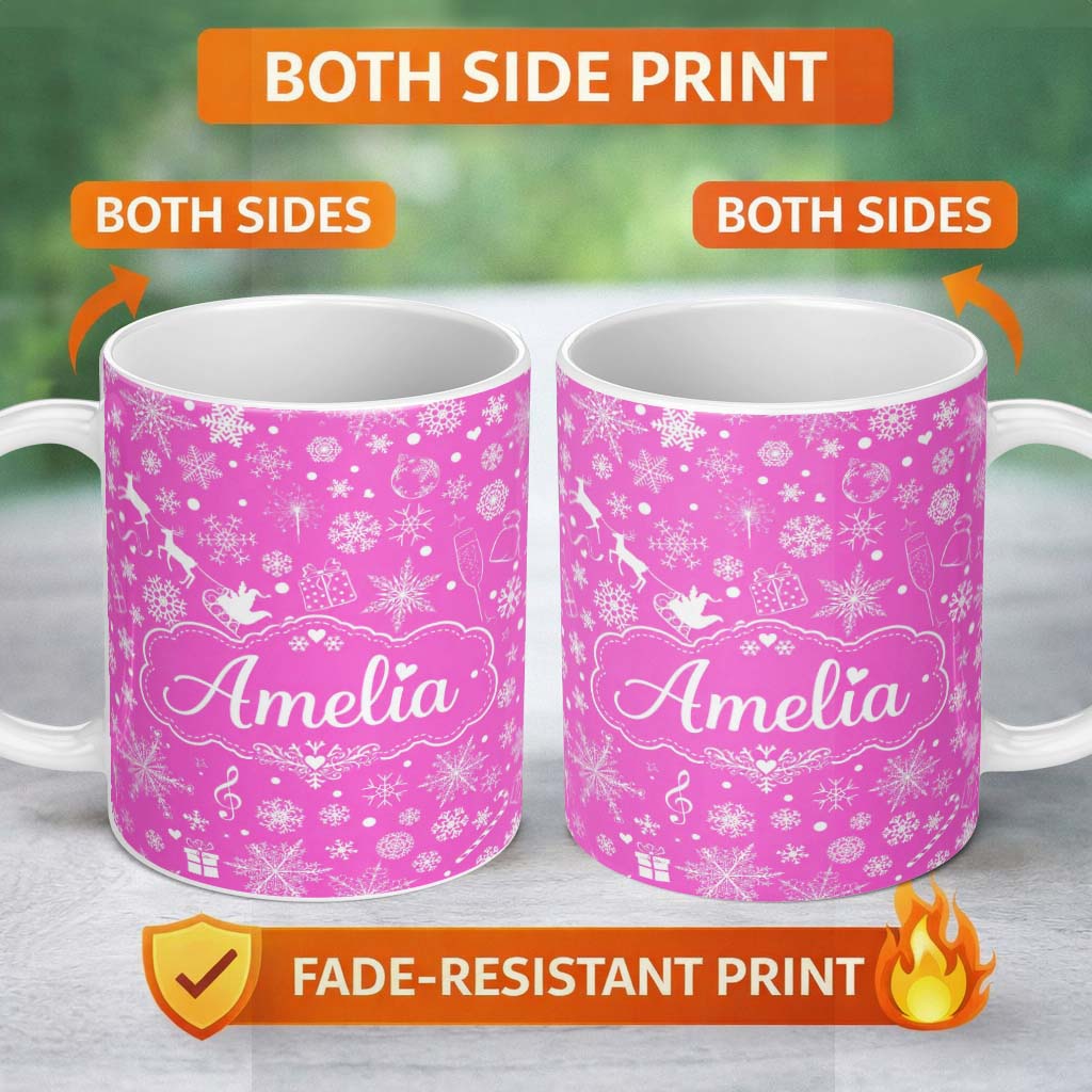 Personalized Custom Name Festive Pink Christmas Snowflakes Reindeer Seamless Pattern Lovely 11oz Ceramic Coffee Tea Mug White Large Handle