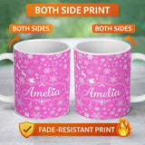 Personalized Custom Name Festive Pink Christmas Snowflakes Reindeer Seamless Pattern Lovely 11oz Ceramic Coffee Tea Mug White Large Handle