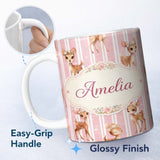Personalized Custom Name Cute Baby Deer Pink Stripes Floral Crown Seamless Pattern Lovely 11oz Ceramic Coffee Tea Mug White Large Handle