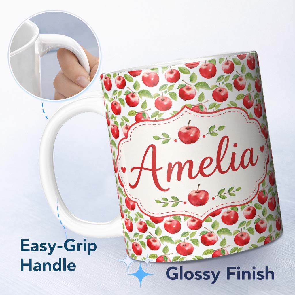 Personalized Custom Name Watercolor Red Apples with Green Leaves Seamless Pattern Lovely 11oz Ceramic Coffee Tea Mug White Large Handle