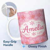 Personalized Custom Name Pink Red Snowflake Winter Holiday Seamless Pattern Cute Unique Gift 11oz Ceramic Coffee Tea Mug White Large Handle
