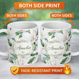 Personalized Custom Name Soft White Magnolia Flowers and Green Leaves Seamless Pattern Lovely 11oz Ceramic Coffee Tea Mug White Large Handle
