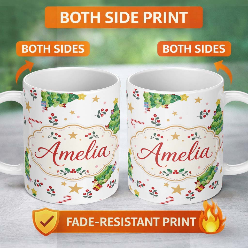 Personalized Custom Name Cute Christmas Tree Candy Cane Stars Gift Seamless Pattern Lovely 11oz Ceramic Coffee Tea Mug White Large Handle