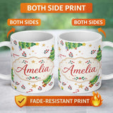 Personalized Custom Name Cute Christmas Tree Candy Cane Stars Gift Seamless Pattern Lovely 11oz Ceramic Coffee Tea Mug White Large Handle