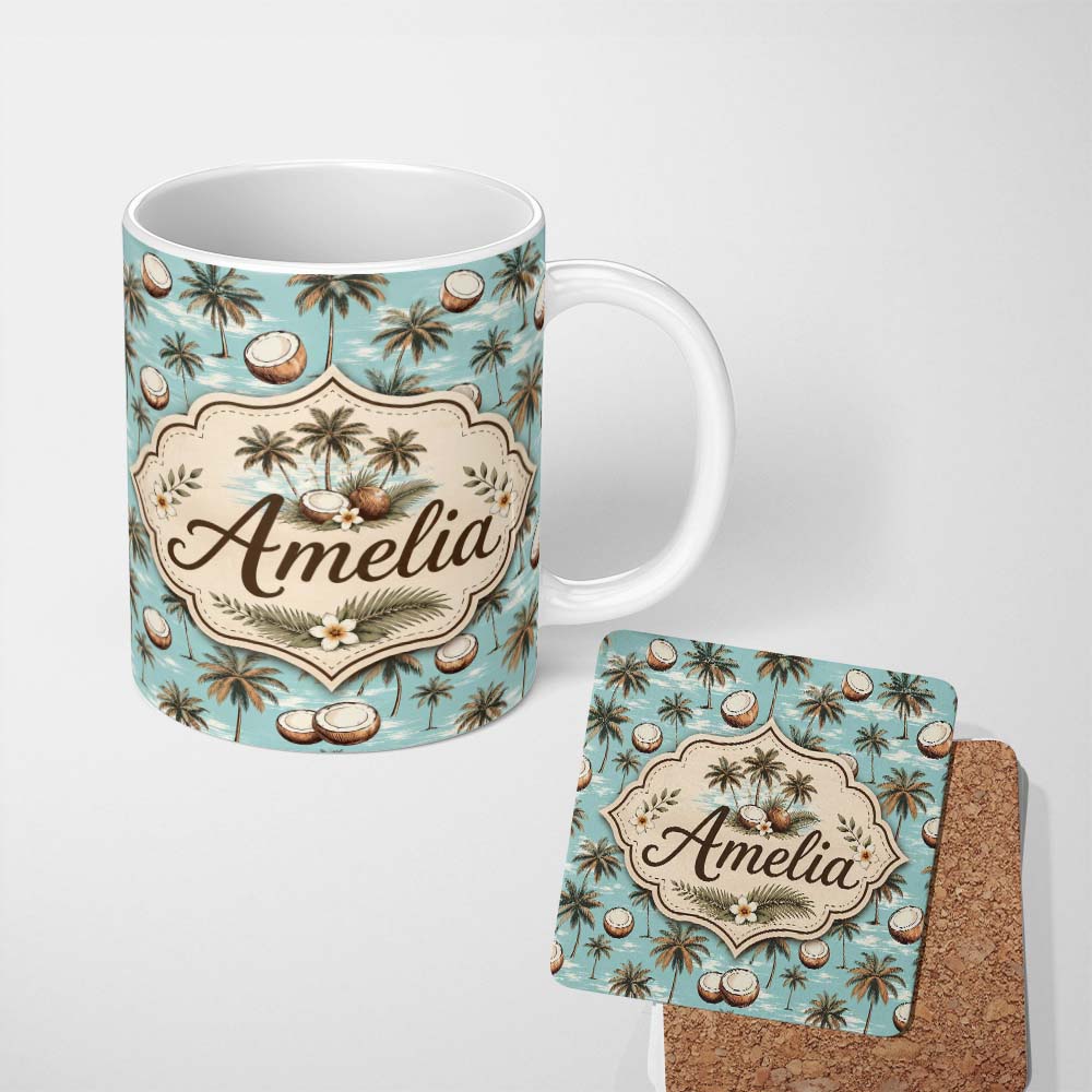 Personalized Custom Name Coastal Coconut Palm Trees on Aqua Ocean Background Tropical Pattern 11oz Ceramic Coffee Tea Mug White Large Handle