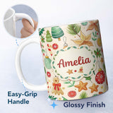Personalized Custom Name Cute Christmas Ornament Candy Cane Star Holly Seamless Pattern 11oz Ceramic Coffee Tea Mug White Large Handle