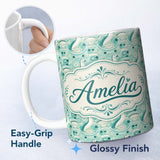Personalized Custom Name Decorative Stylised Seals with Swirl Ocean Motifs Teal Seamless 11oz Ceramic Coffee Tea Mug White Large Handle