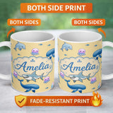 Personalized Custom Name Cute Dolphin Shark and Jellyfish Ocean Animals Warm Yellow Lovely 11oz Ceramic Coffee Tea Mug White Large Handle