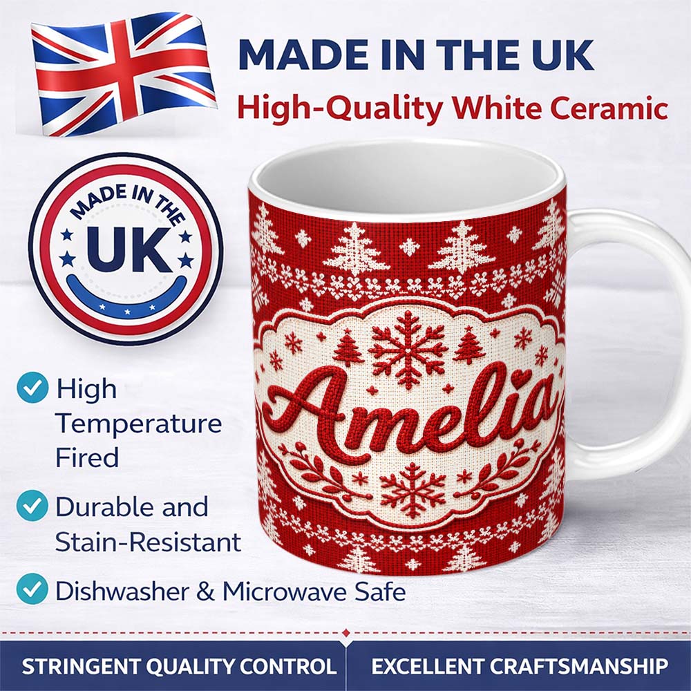 Personalized Custom Name Knitted Nordic Snowflake Christmas Tree Red Seamless Pattern Lovely 11oz Ceramic Coffee Tea Mug White Large Handle