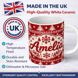 Personalized Custom Name Knitted Nordic Snowflake Christmas Tree Red Seamless Pattern Lovely 11oz Ceramic Coffee Tea Mug White Large Handle