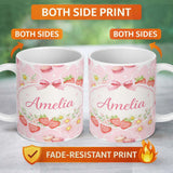 Personalized Custom Name Strawberry Cherry Daisy Seamless Pattern Blush Pink Cute Coquette 11oz Ceramic Coffee Tea Mug White Large Handle