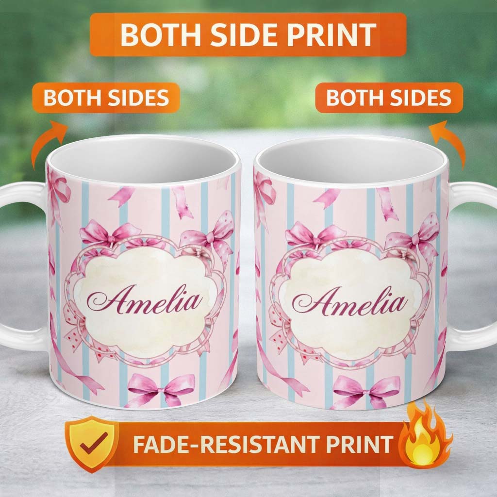 Personalized Custom Name Watercolor Pink Ribbon Bow Seamless Pattern with Blue Stripes Lovely 11oz Ceramic Coffee Tea Mug White Large Handle
