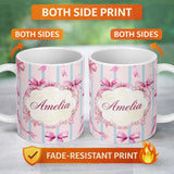 Personalized Custom Name Watercolor Pink Ribbon Bow Seamless Pattern with Blue Stripes Lovely 11oz Ceramic Coffee Tea Mug White Large Handle