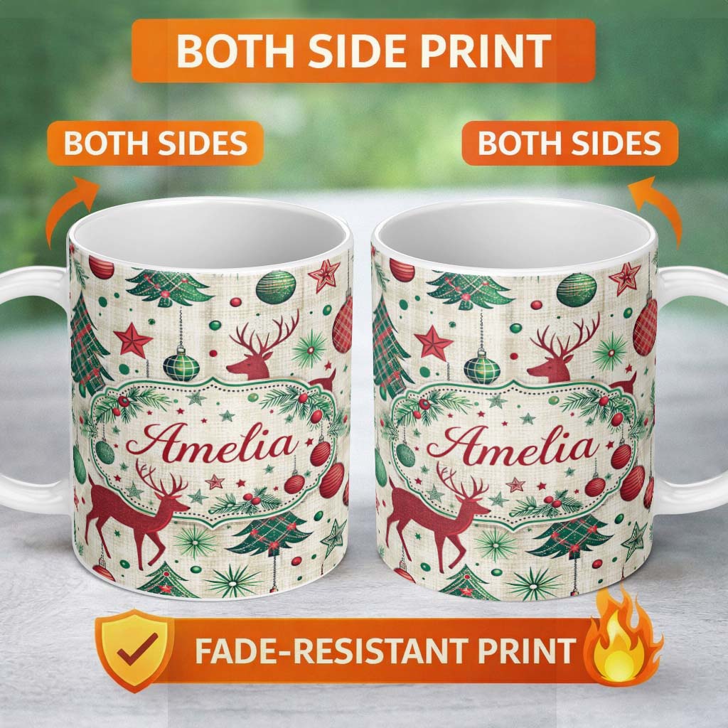 Personalized Custom Name Red Reindeer Christmas Ornaments Festive Seamless Pattern Lovely 11oz Ceramic Coffee Tea Mug White Large Handle