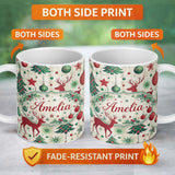 Personalized Custom Name Red Reindeer Christmas Ornaments Festive Seamless Pattern Lovely 11oz Ceramic Coffee Tea Mug White Large Handle