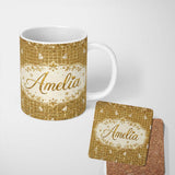 Personalized Custom Name Gold Grid Christmas Tree Glitter Seamless Pattern Design Festive 11oz Ceramic Coffee Tea Mug White Large Handle