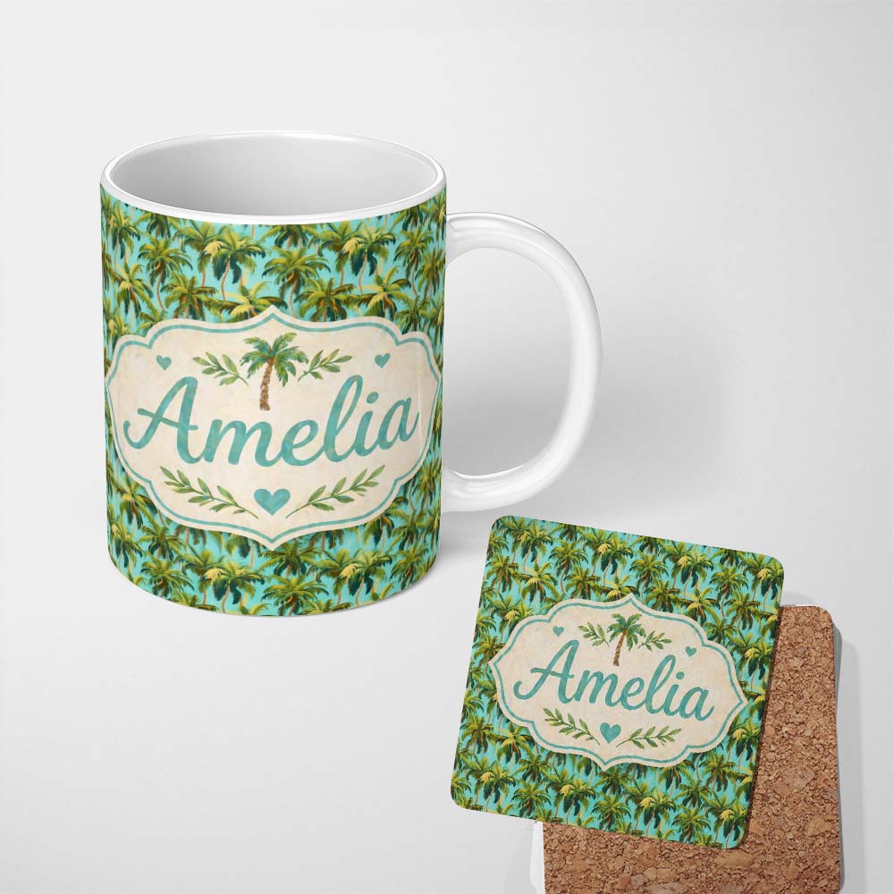 Personalized Custom Name Tropical Palm Tree Summer Beach Seamless Pattern on Teal Background 11oz Ceramic Coffee Tea Mug White Large Handle