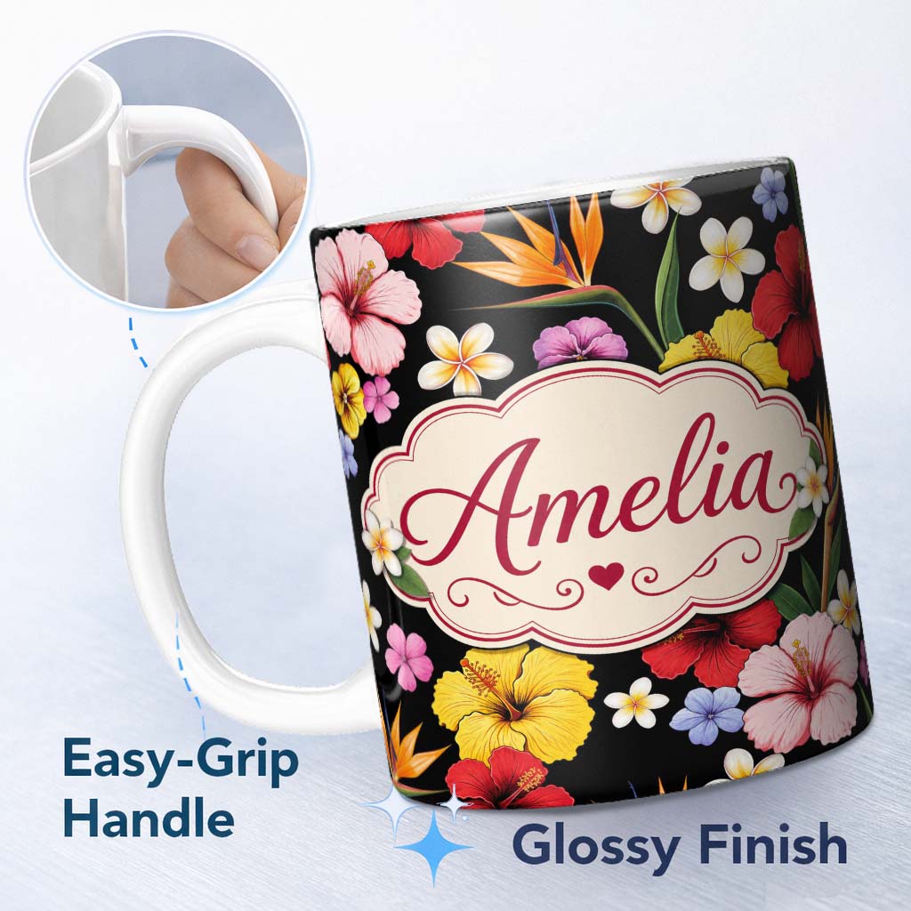 Personalized Custom Name Tropical Hibiscus Bird of Paradise Seamless Pattern Black Background 11oz Ceramic Coffee Tea Mug White Large Handle
