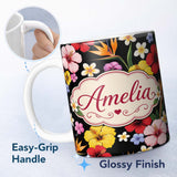 Personalized Custom Name Tropical Hibiscus Bird of Paradise Seamless Pattern Black Background 11oz Ceramic Coffee Tea Mug White Large Handle
