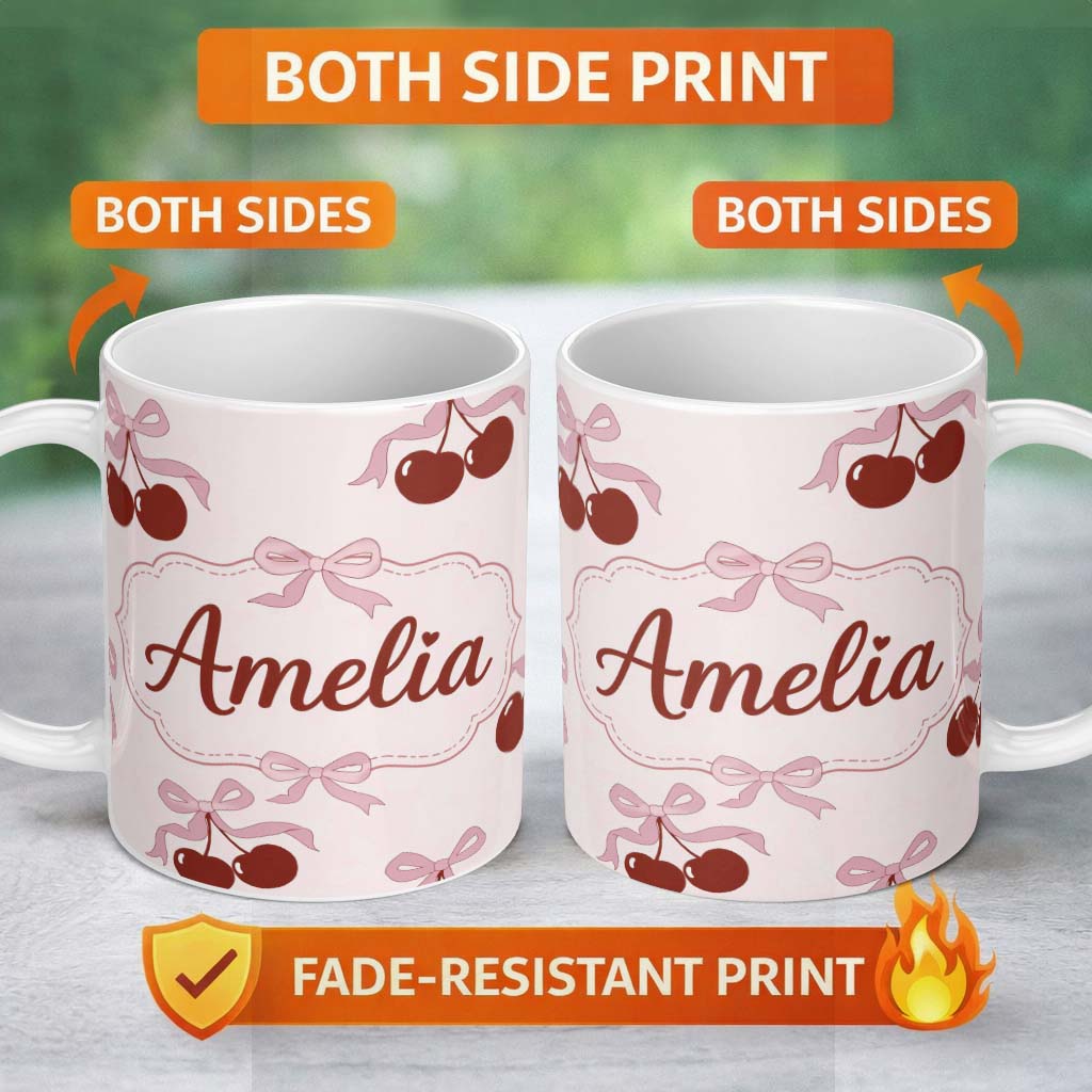 Personalized Custom Name Cherry Bow Ribbon Cute Minimal Beige Background Seamless Pattern 11oz Ceramic Coffee Tea Mug White Large Handle