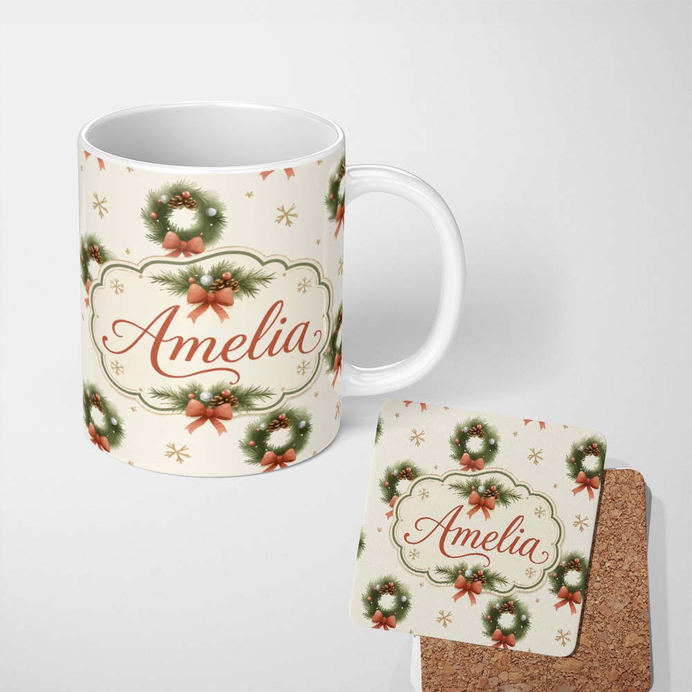 Personalized Custom Name Festive Christmas Wreath Pinecone Ribbon Snowflake Seamless Pattern 11oz Ceramic Coffee Tea Mug White Large Handle