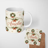 Personalized Custom Name Festive Christmas Wreath Pinecone Ribbon Snowflake Seamless Pattern 11oz Ceramic Coffee Tea Mug White Large Handle