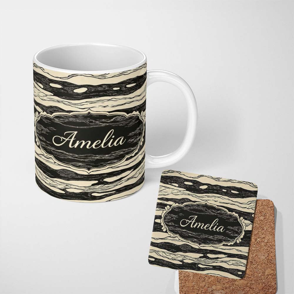Personalized Custom Name Fluid Marble Swirl Black Cream Abstract Flow Pattern Lovely 11oz Ceramic Coffee Tea Mug White Large Handle