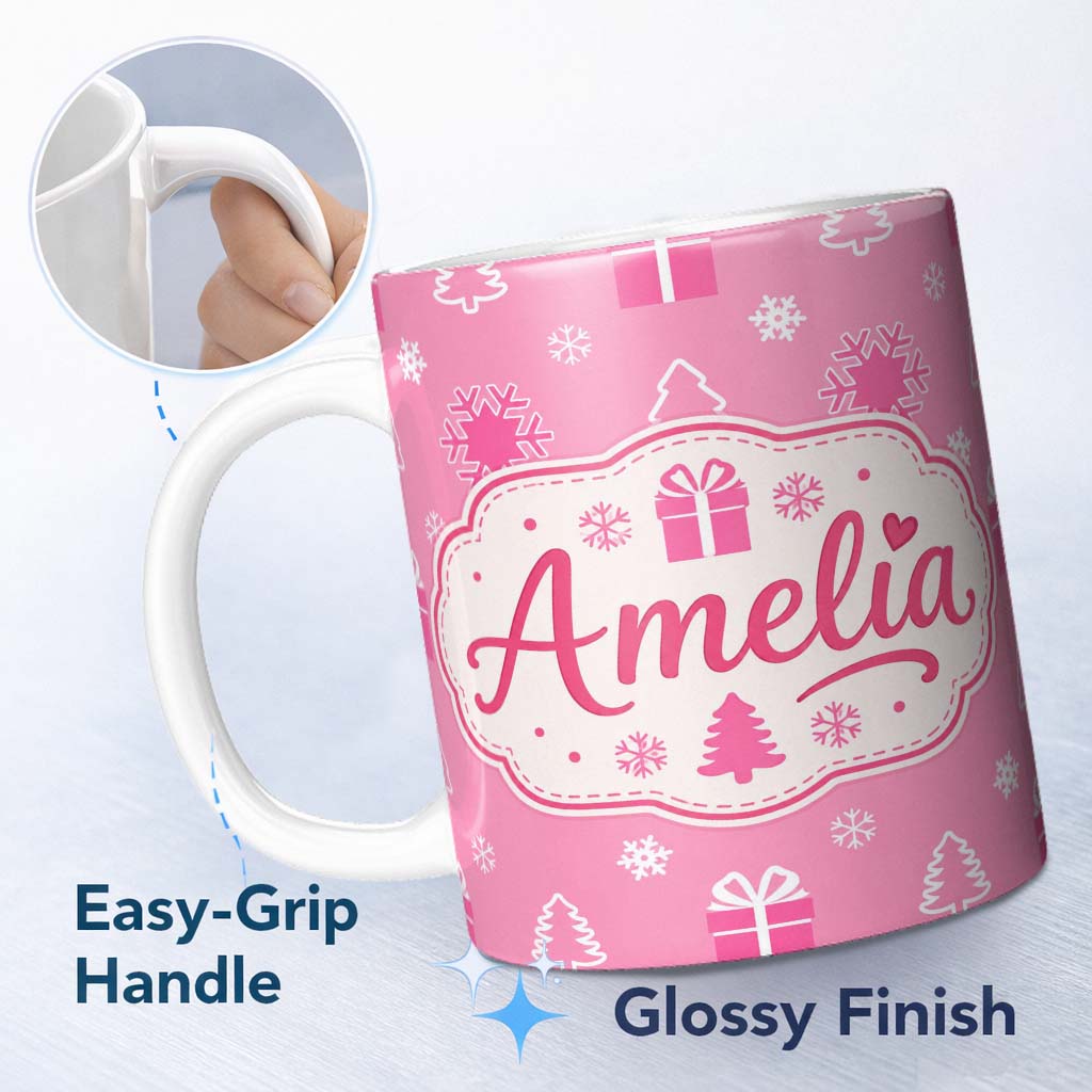 Personalized Custom Name Pink Christmas Snowflakes Trees Gift Box Seamless Pattern Lovely 11oz Ceramic Coffee Tea Mug White Large Handle