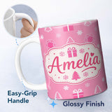 Personalized Custom Name Pink Christmas Snowflakes Trees Gift Box Seamless Pattern Lovely 11oz Ceramic Coffee Tea Mug White Large Handle