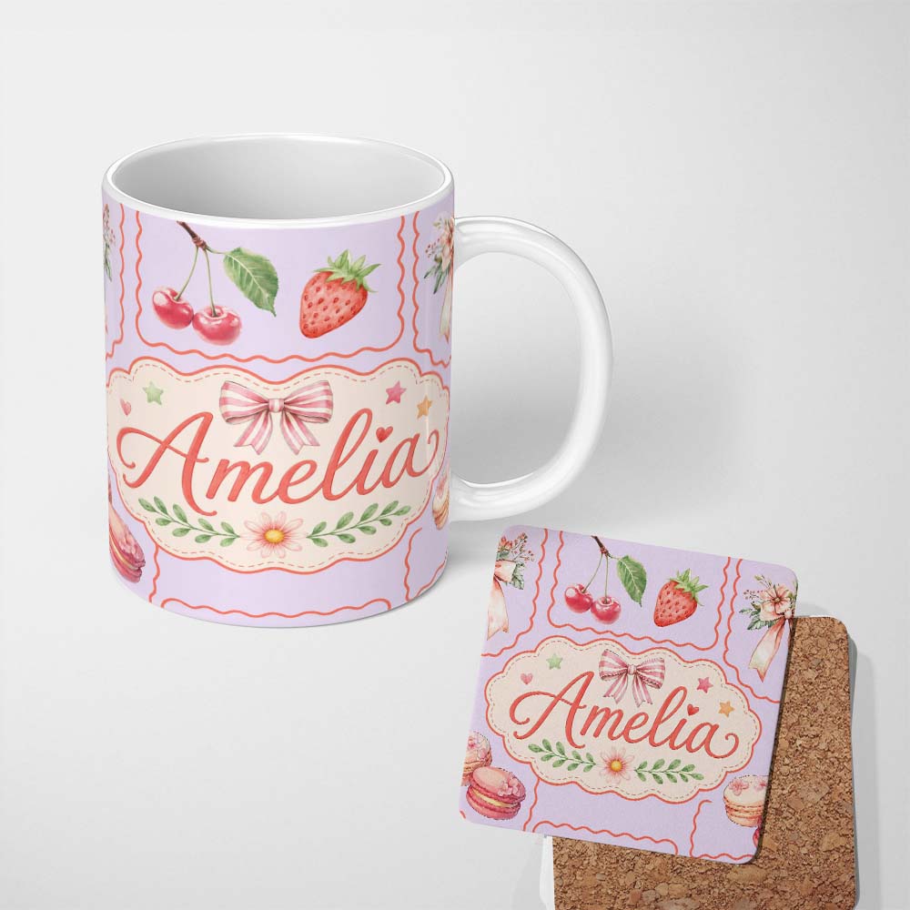 Personalized Custom Name Cute Watercolor Cherry Strawberry RibbonBow Macaron Frame Soft Lilac 11oz Ceramic Coffee Tea Mug White Large Handle