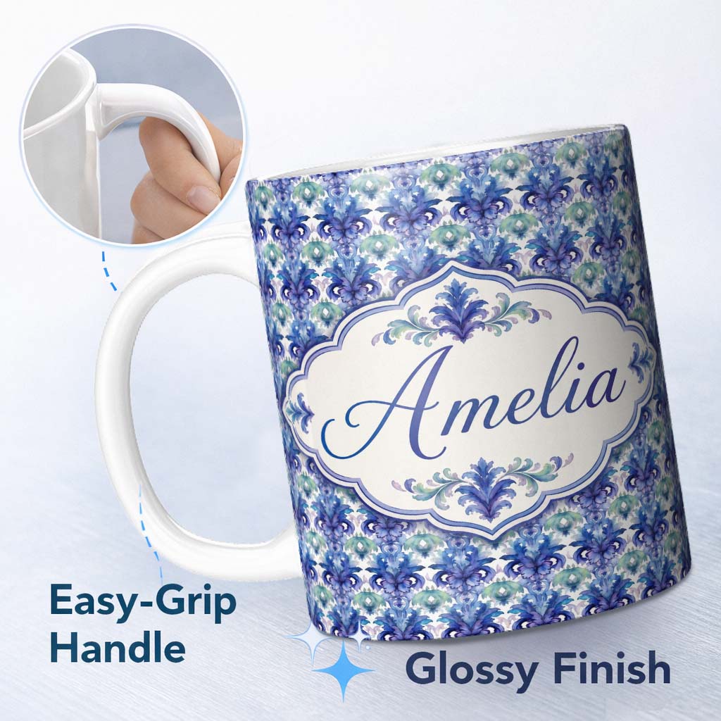 Personalized Custom Name Cool Blue and Teal Watercolor Floral Ornamental Seamless Pattern 11oz Ceramic Coffee Tea Mug White Large Handle