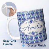 Personalized Custom Name Cool Blue and Teal Watercolor Floral Ornamental Seamless Pattern 11oz Ceramic Coffee Tea Mug White Large Handle