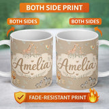 Personalized Custom Name Cute Safari Animals Giraffe Lion Zebra Parrot Seamless Pattern Beige 11oz Ceramic Coffee Tea Mug White Large Handle
