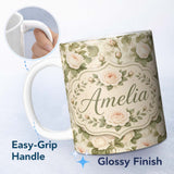 Personalized Custom Name Soft Blush Cream Roses with Green Foliage Seamless Pattern Lovely 11oz Ceramic Coffee Tea Mug White Large Handle