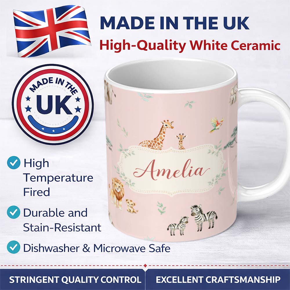 Personalized Custom Name Cute Safari Animals Giraffe Lion Zebra Parrot Pattern Blush Pink 11oz Ceramic Coffee Tea Mug White Large Handle