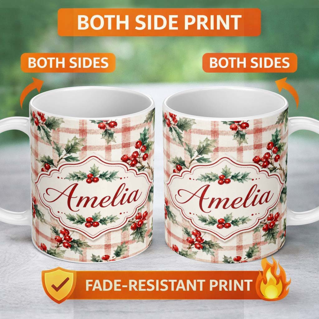 Personalized Custom Name Watercolor Holly Berry Plaid Background Seamless Pattern Lovely 11oz Ceramic Coffee Tea Mug White Large Handle